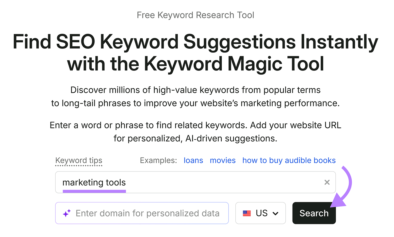 Semrush Keyword Magic Tool search form with “marketing tools” entered and the Search button highlighted