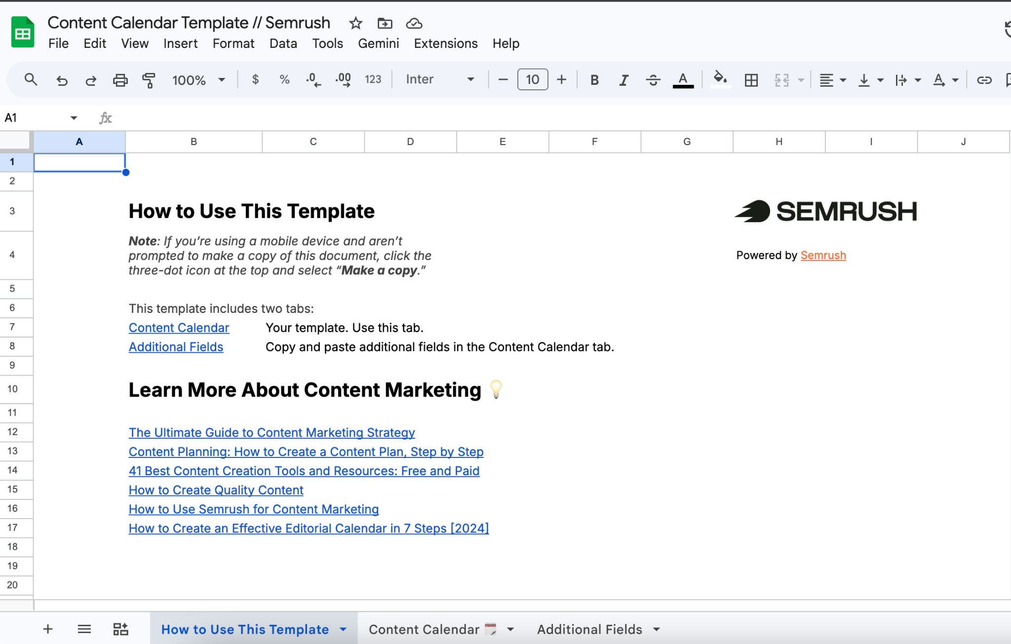 First page of a Semrush content calendar template in Google Sheets.