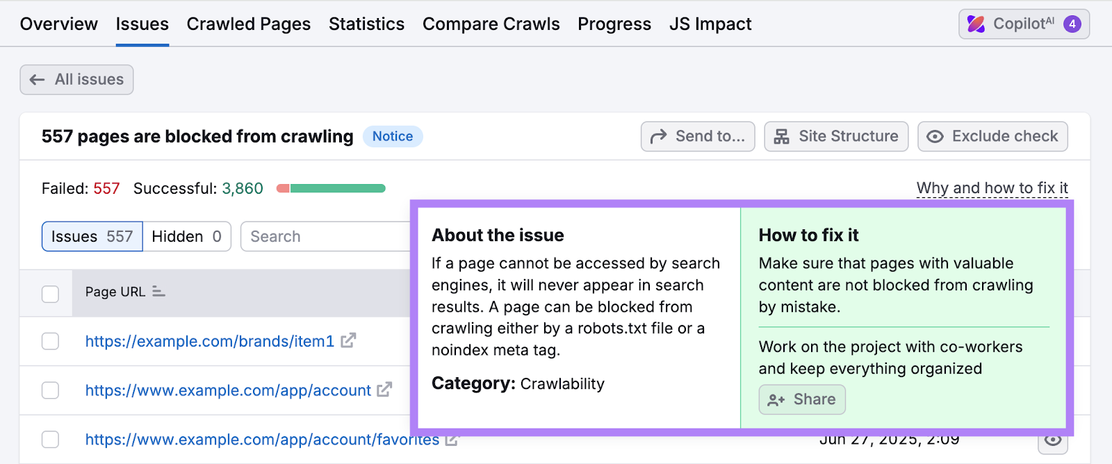 The tool lists pages that are blocked from crawling with a tooltip on how to fix the issue.