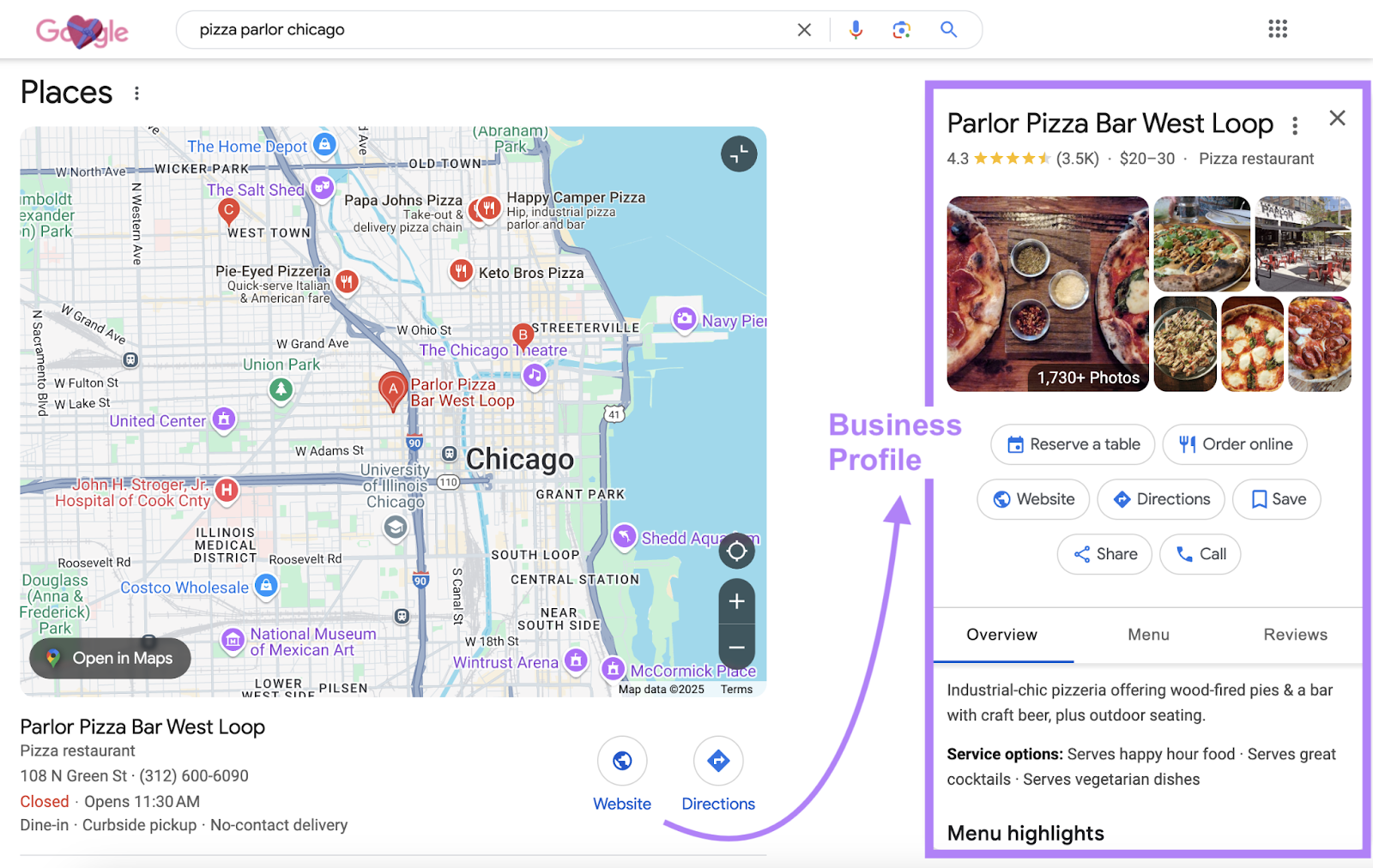SERP shows local map pack with an expanded business profile.