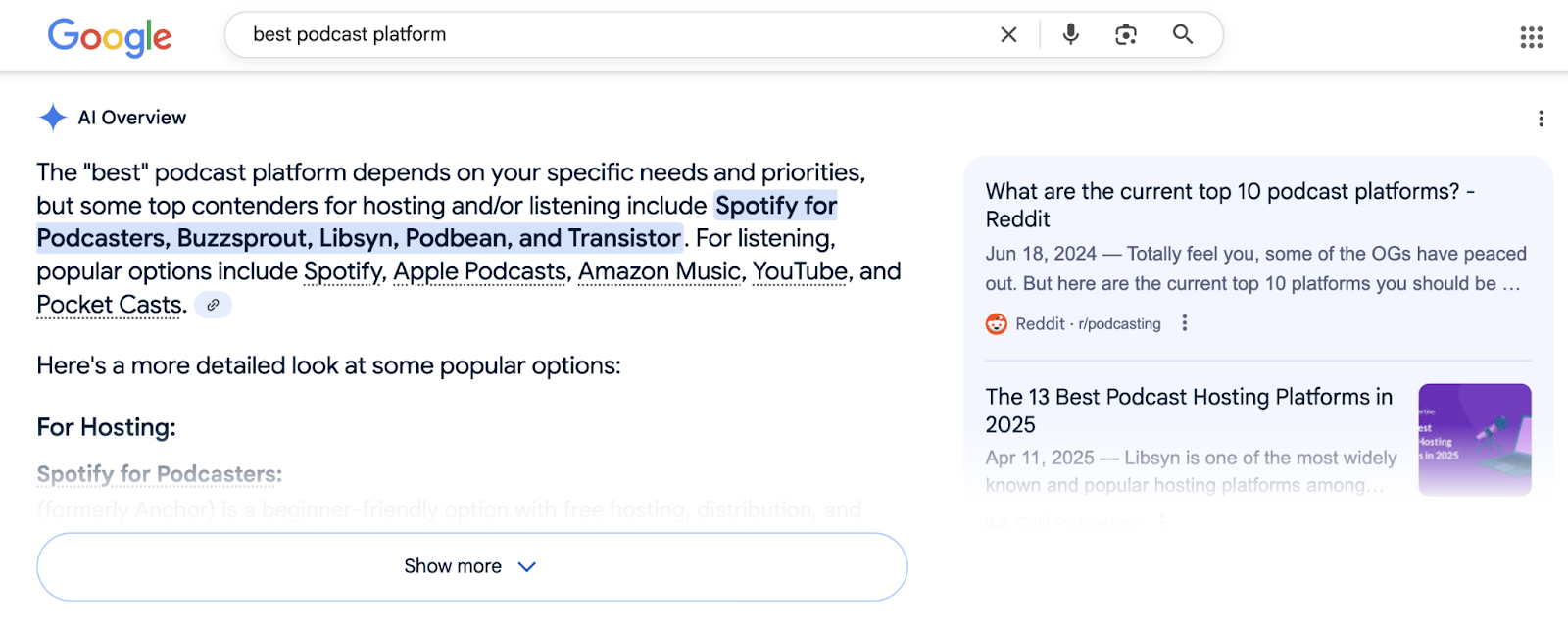 Google AI Overview shows a summarized answer with sources for a query.