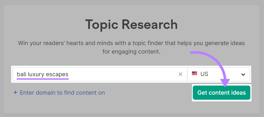 "bali luxury escapes” entered into Topic Research search bar