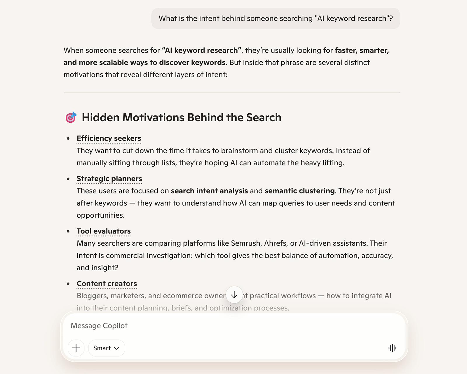 Copilot explaining AI keyword research intent through efficiency, strategy, tool evaluation, and content creation