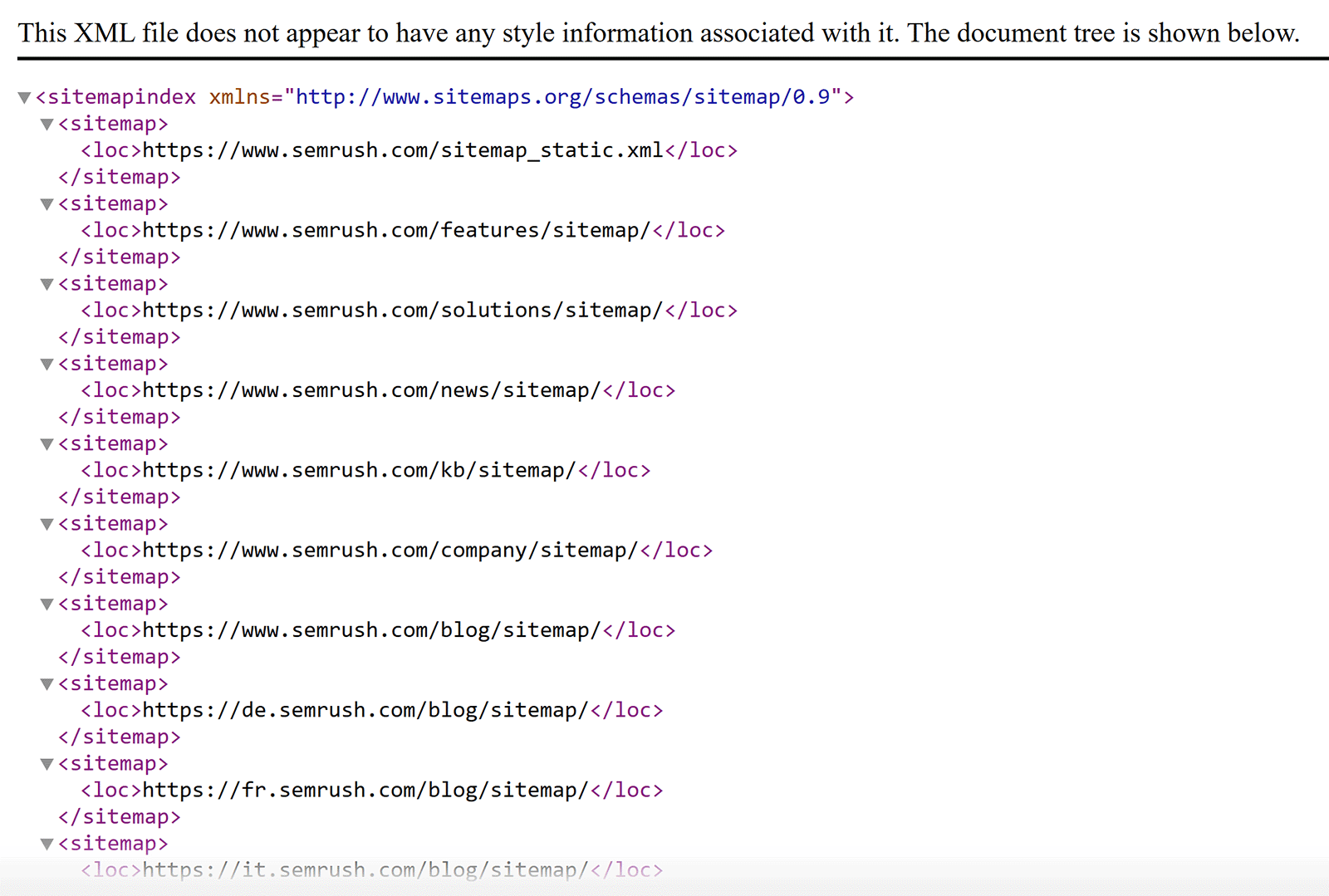 Semrush Sitemap in browser listing various sitemap urls