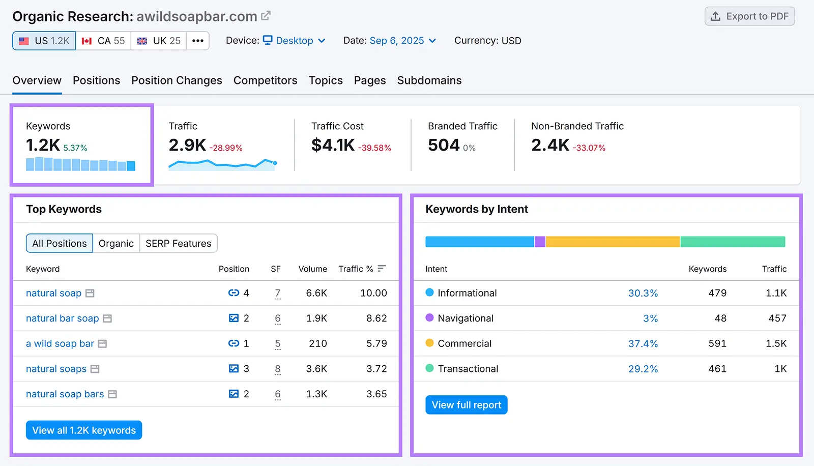Overview showing 1.2K keywords, traffic data, top keywords list, and keywords by intent chart highlighted.