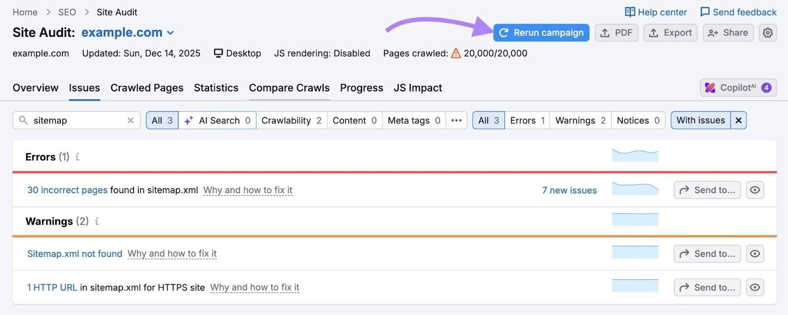 Site Audit Issues with the "Rerun campaign" button clicked.