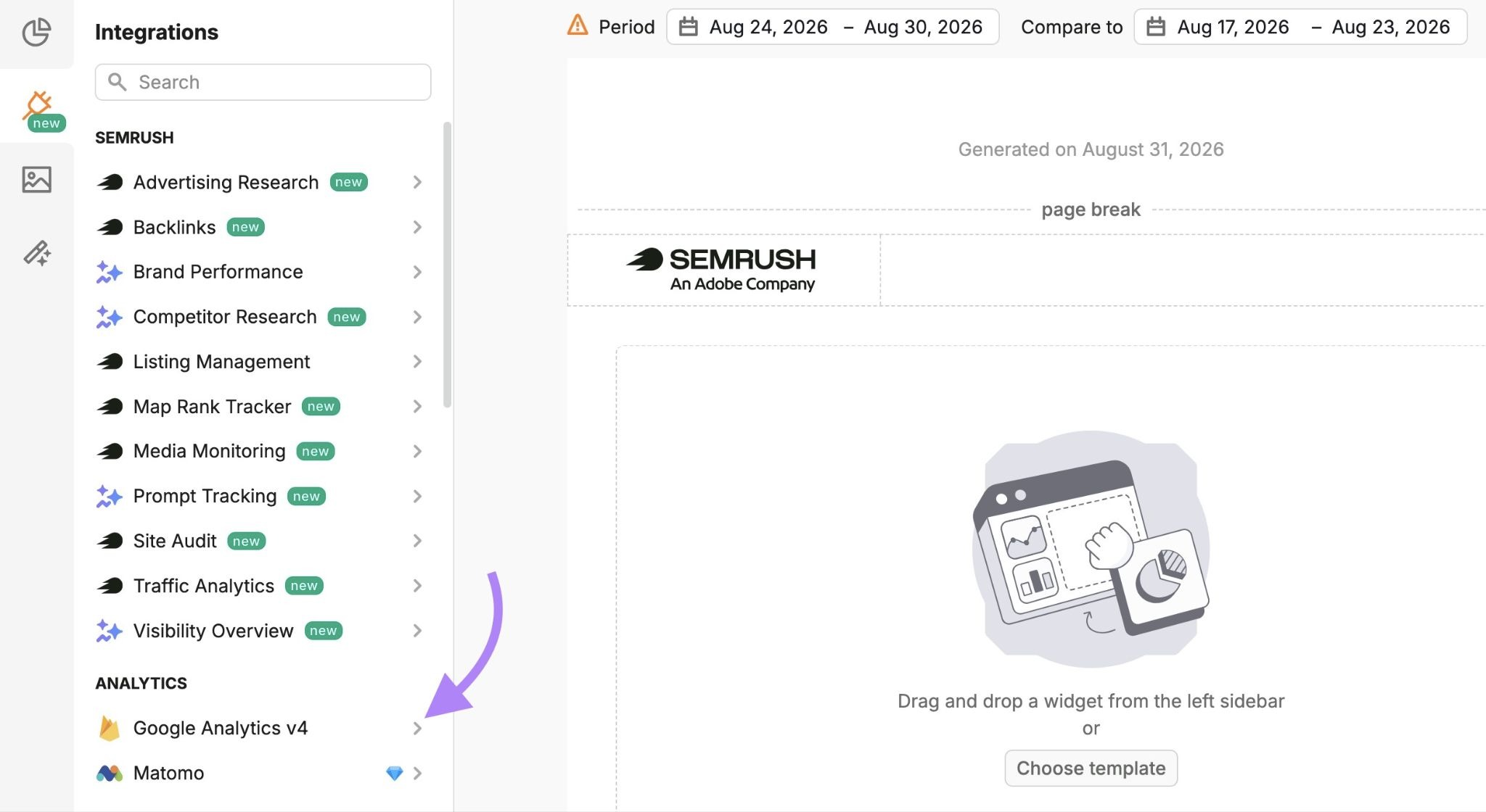 "Google Analytics v4" highlighted on the Integrations menu on My Reports.