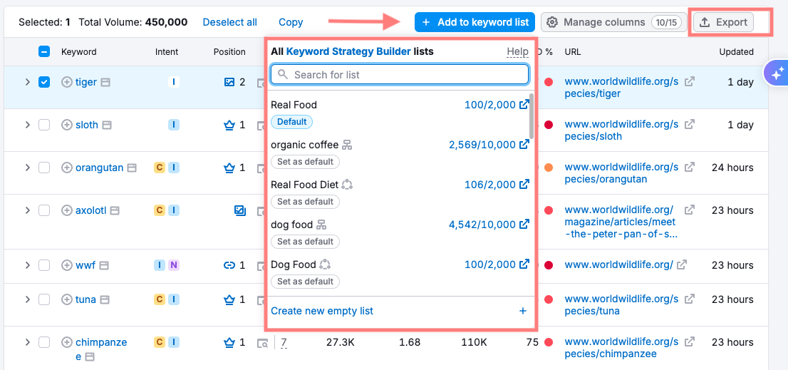 adding keywords to a list in Keyword Strategy Builder