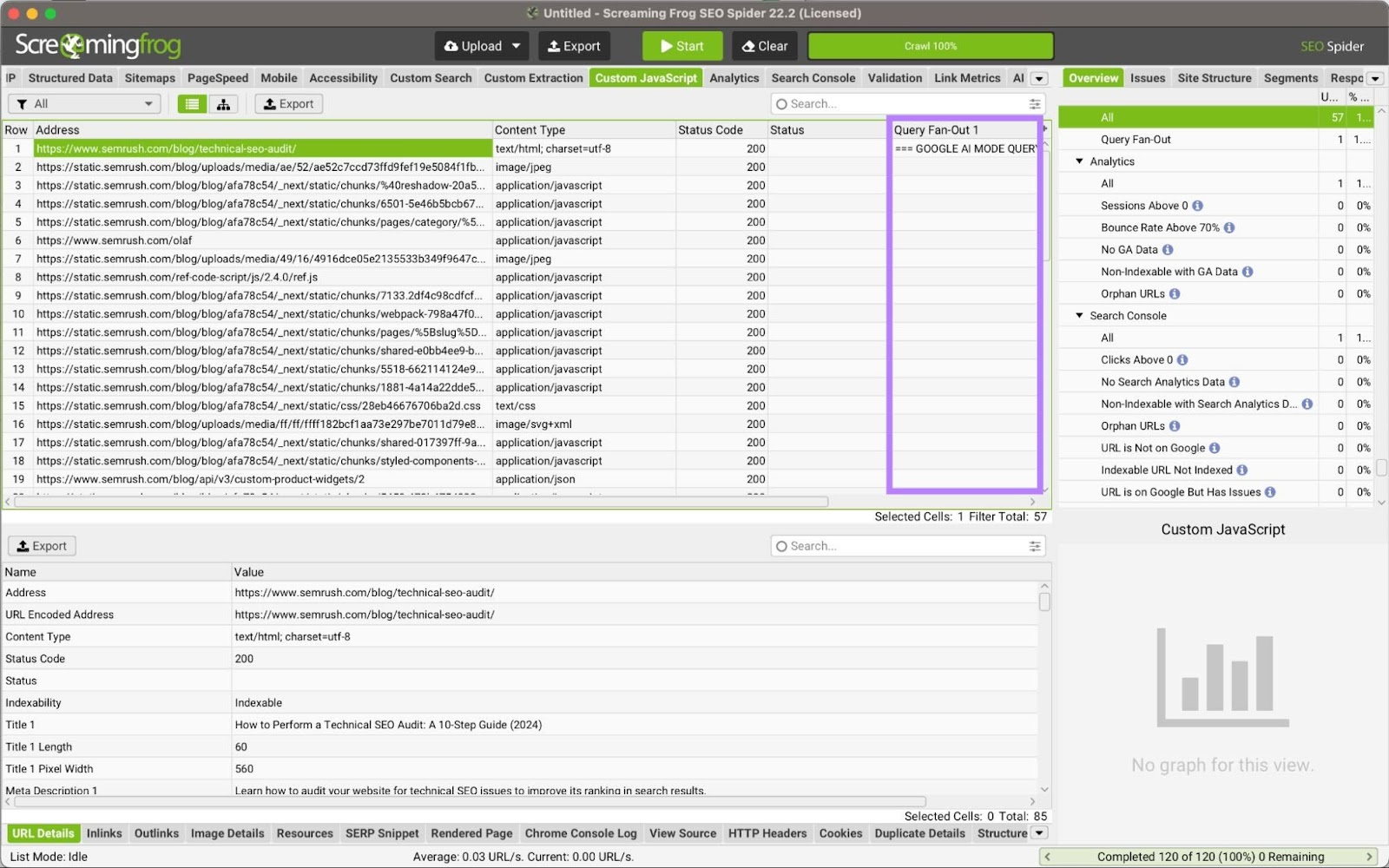 Screaming Frog dashboard with the "Query Fan-Out" column highlighted.
