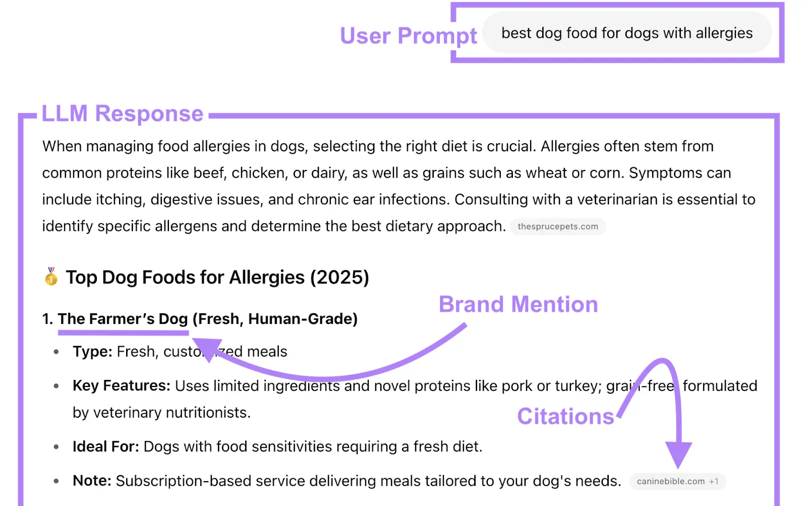The LLM response includes an unlinked brand mention and linked brand mentions as citations.