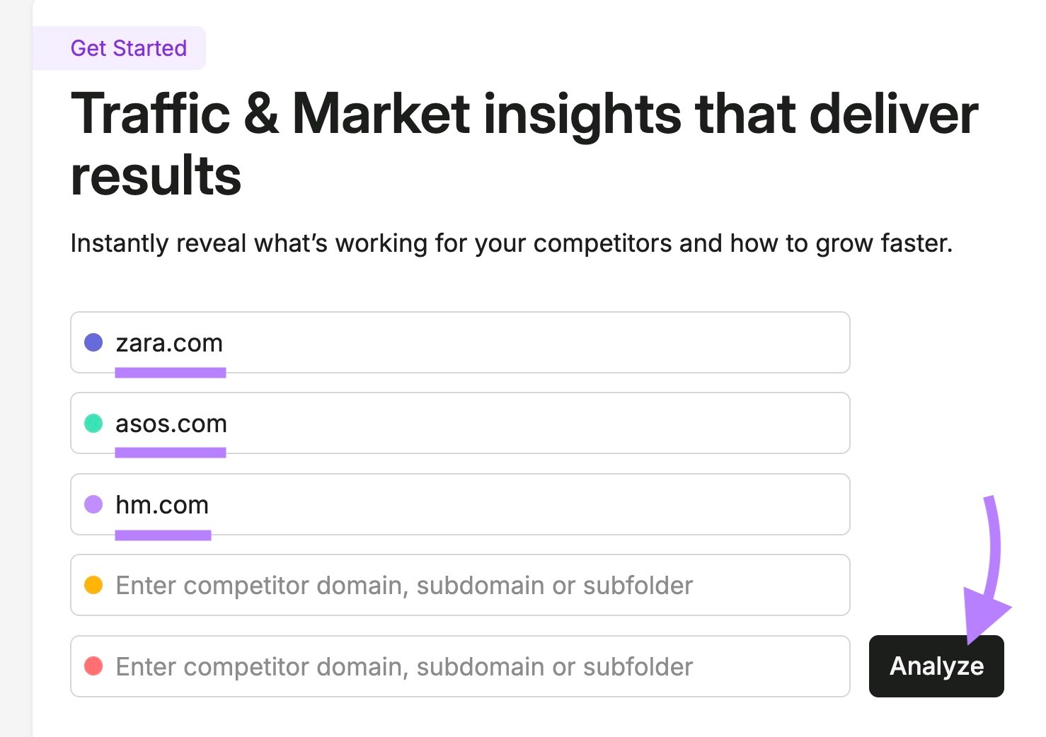 Traffic & Market toolkit with three competing domains entered and "Analyze" clicked.
