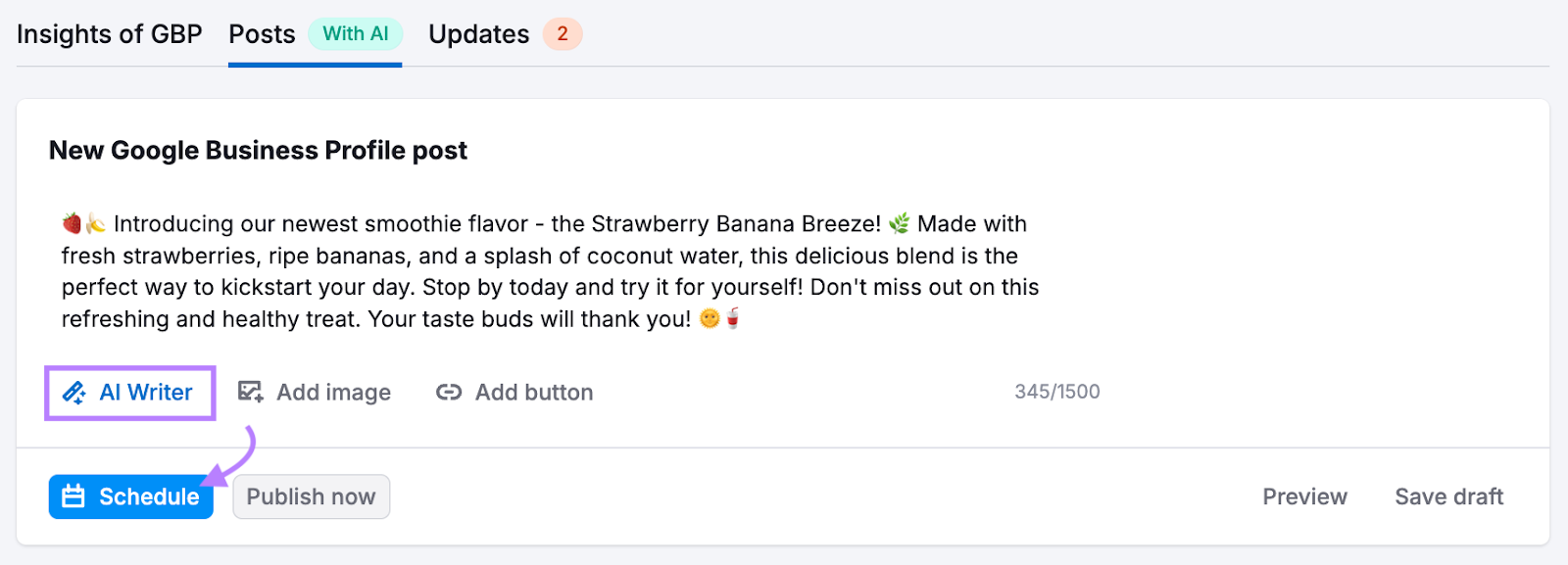 An AI-generated post about a new smoothie flavor in GBP Optimization.