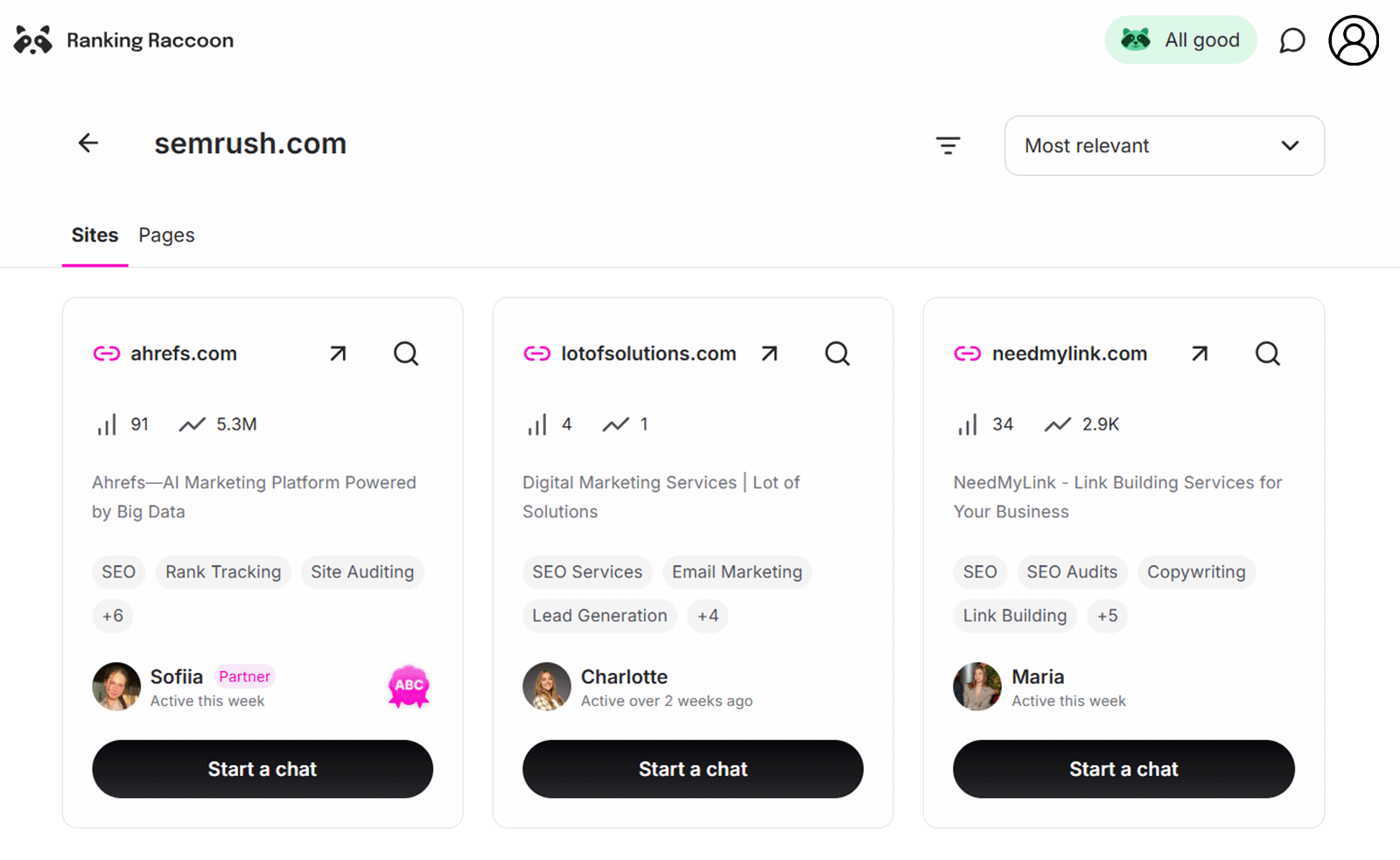 Ranking Raccoon interface showing SEO competitor cards with traffic metrics and “Start a chat” buttons.