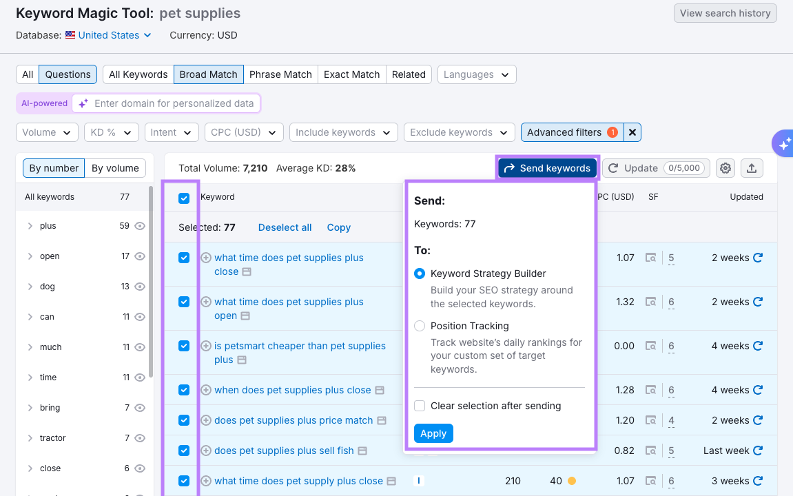 Sending words to Keyword Strategy Builder