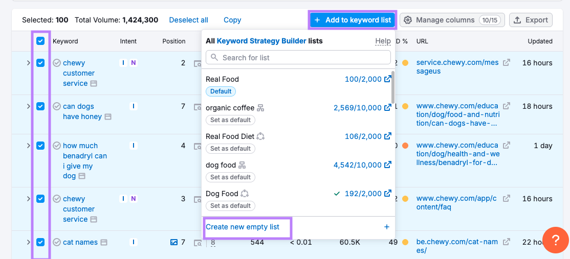 Creating a keyword list in Keyword Strategy Builder
