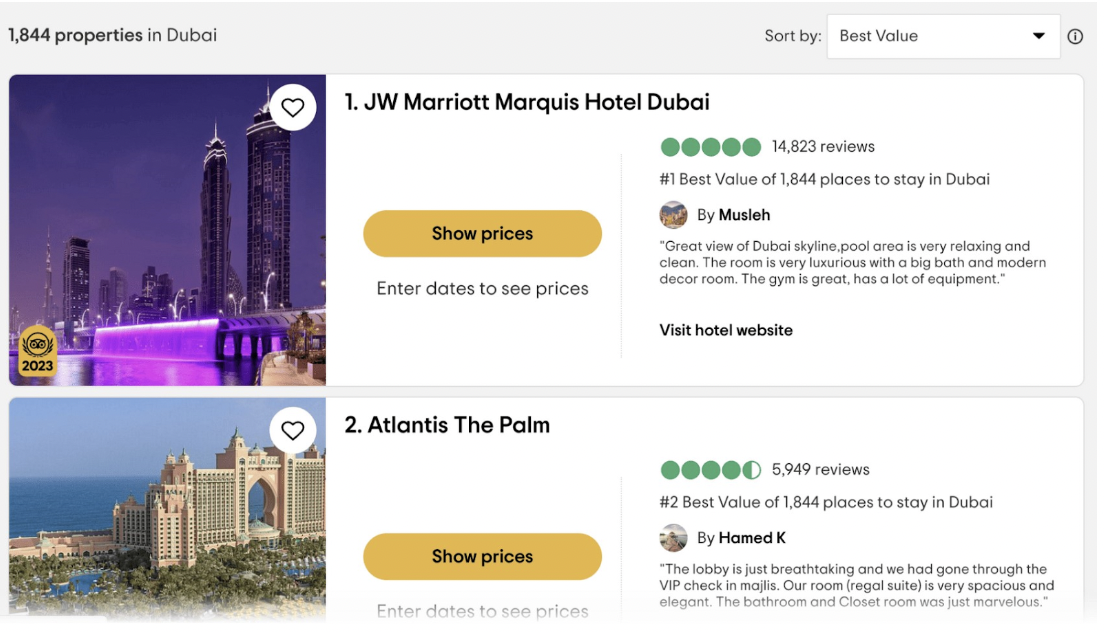 Sample listings on Tripadvisor.