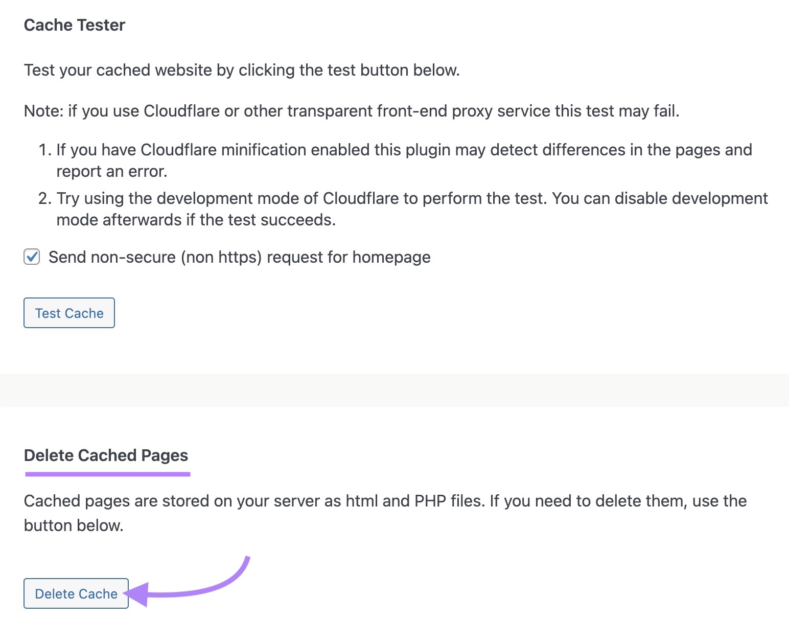 The "Delete Cache" button clicked in the "Delete Cached Pages" section on WordPress.