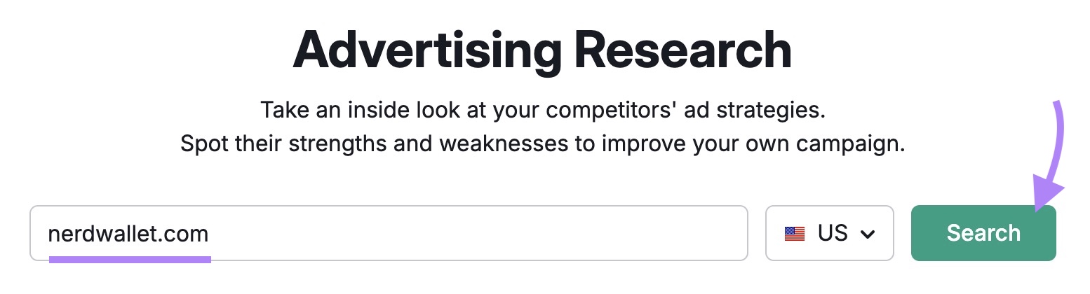 Advertising Research tool start with a domain entered and "Search" clicked.
