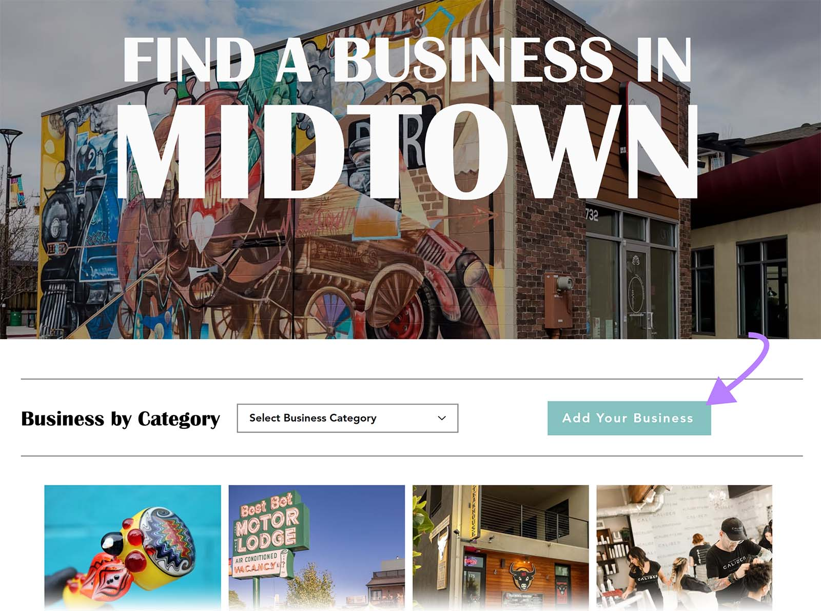 Website page with mural background and button to add a business listing highlighted
