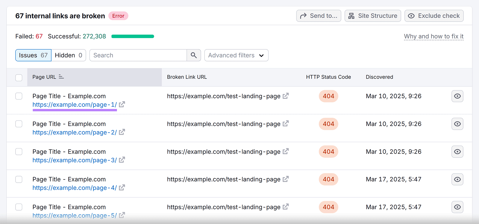 Broken internal links report table with link in first row highlighted