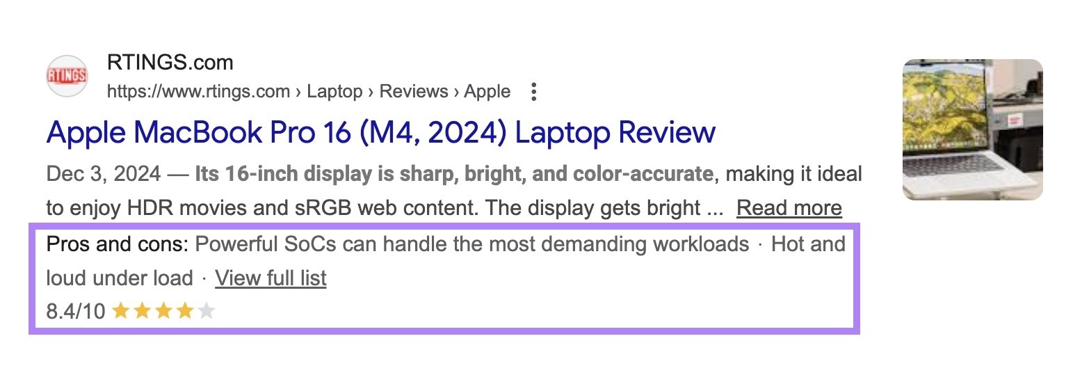 A product snippet markup for the term "macbook pro" with the star rating along with pros and cons highlighted.