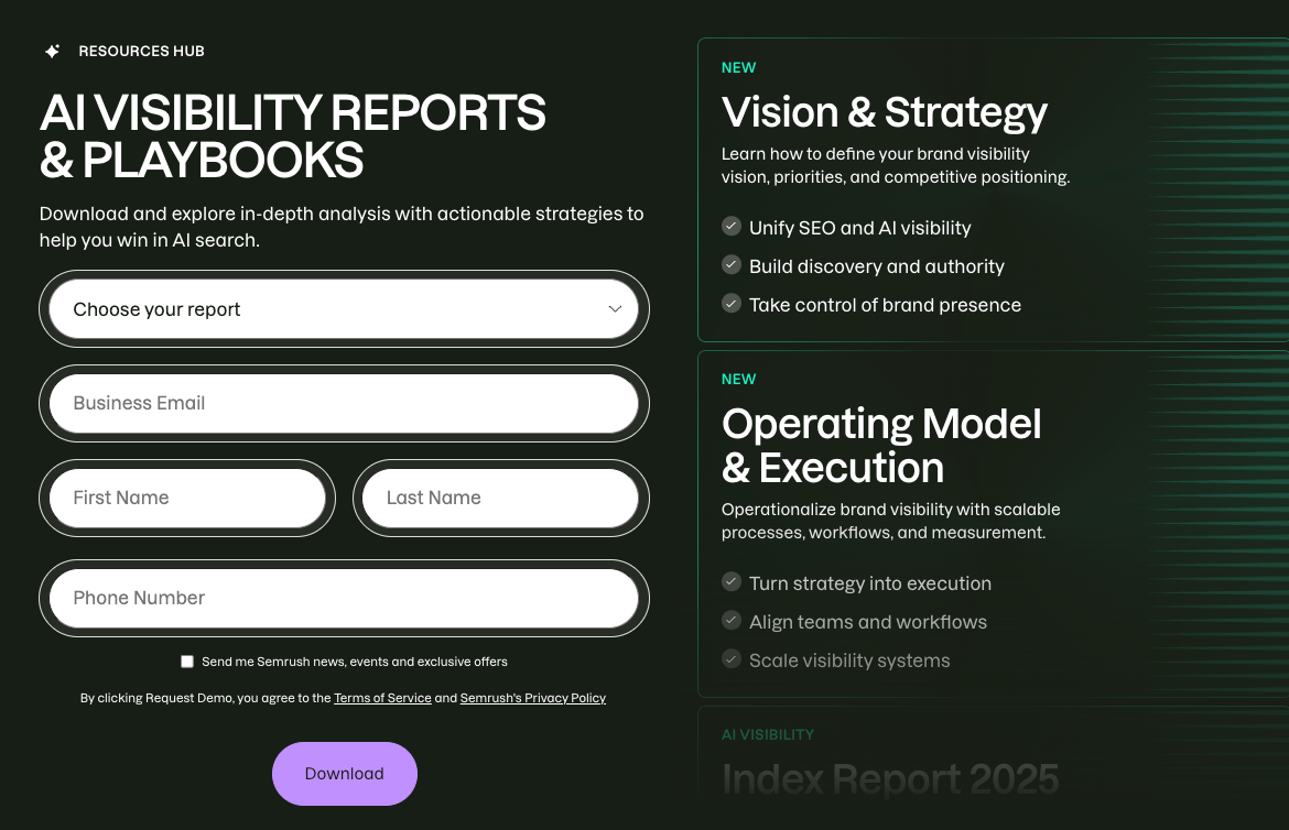 Sign up form for Semrush AI Visibility reports and playbooks.