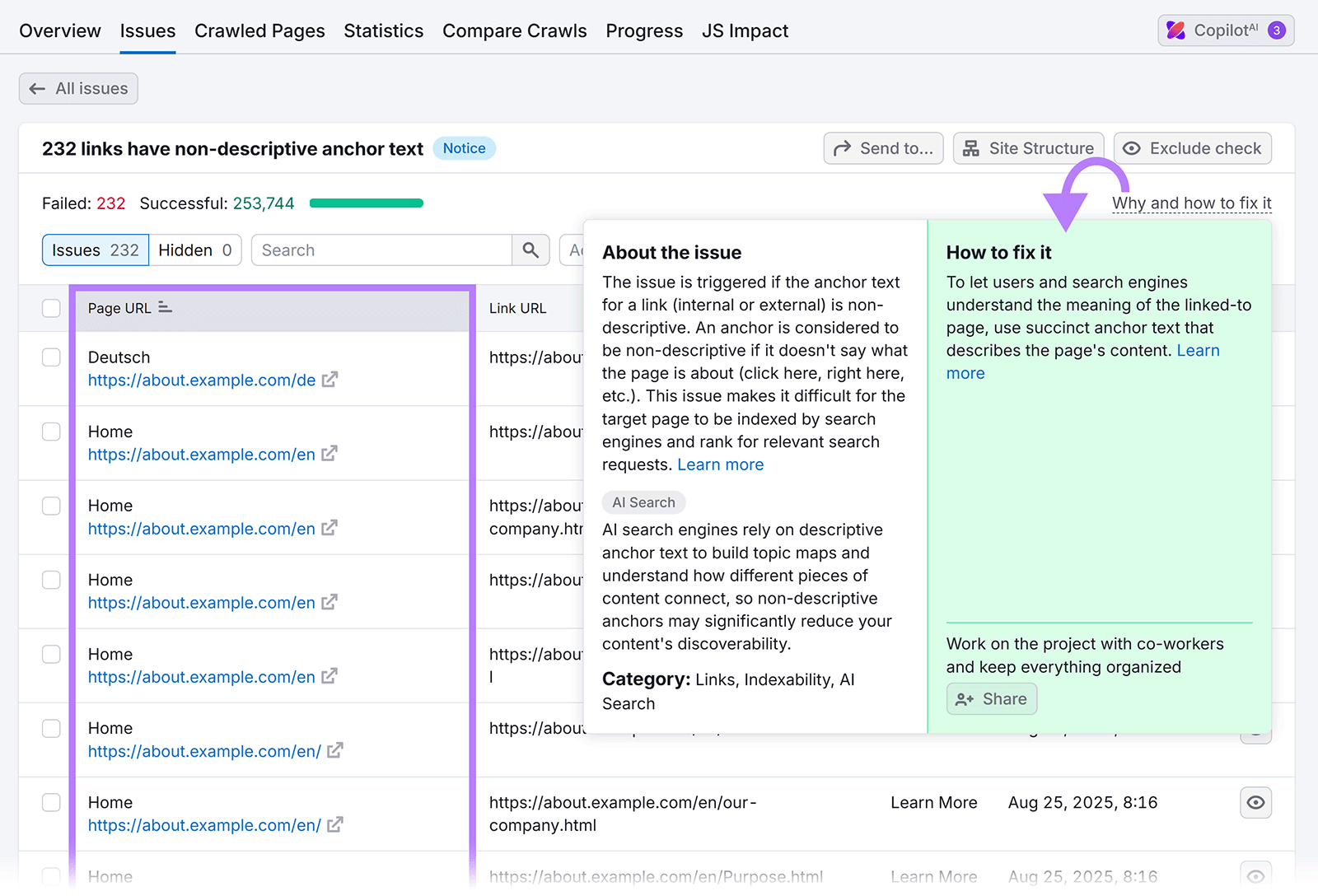 Site Audit issue details panel explaining non-descriptive anchor text with a highlighted “How to fix it” tip.