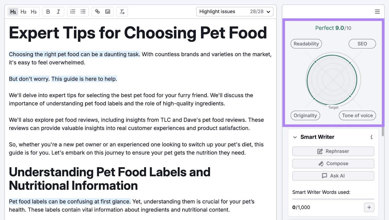 Semrush Writing Assistant with an article draft scored based on readability, SEO, originality, and tone.