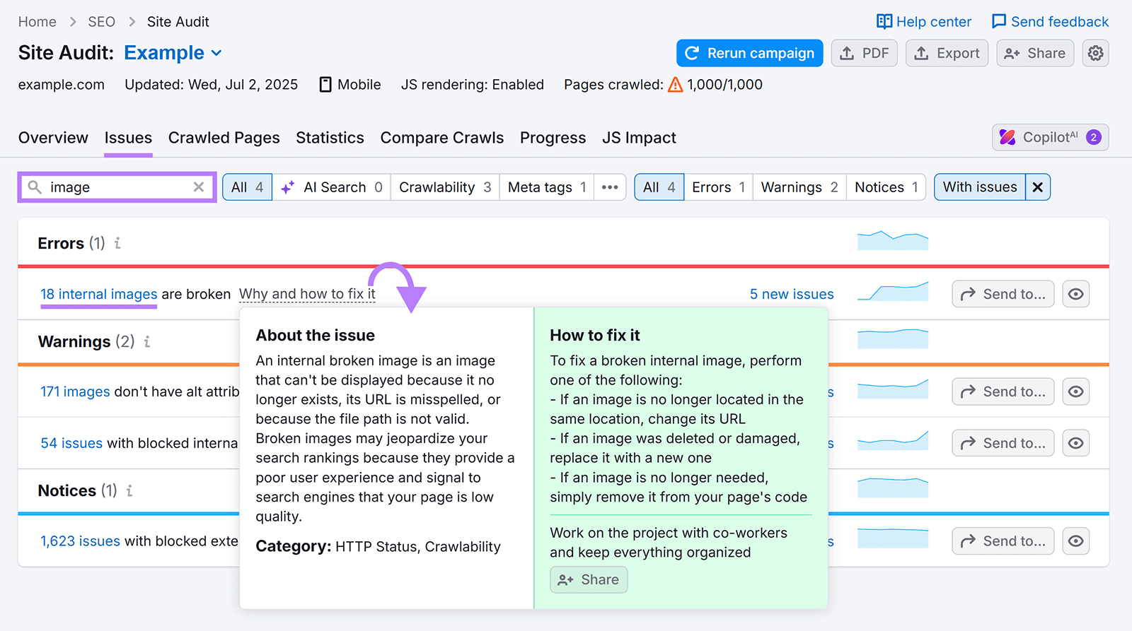 Site Audit report listing broken internal images and missing alt text issues