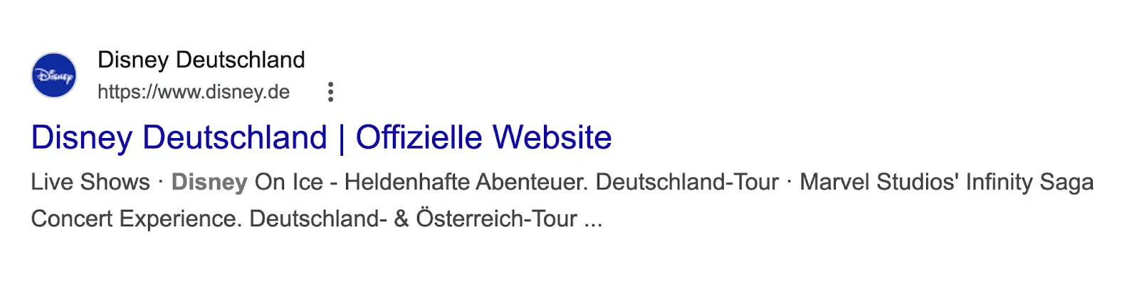 Disney site SERP result showing German version in Germany