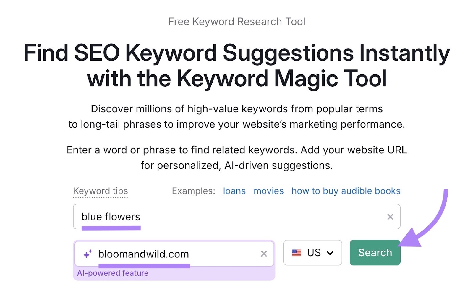 Keyword Magic Tool start with "blue flowers" entered as the term, "bloomandwild.com" as the domain, and "Search" clicked.