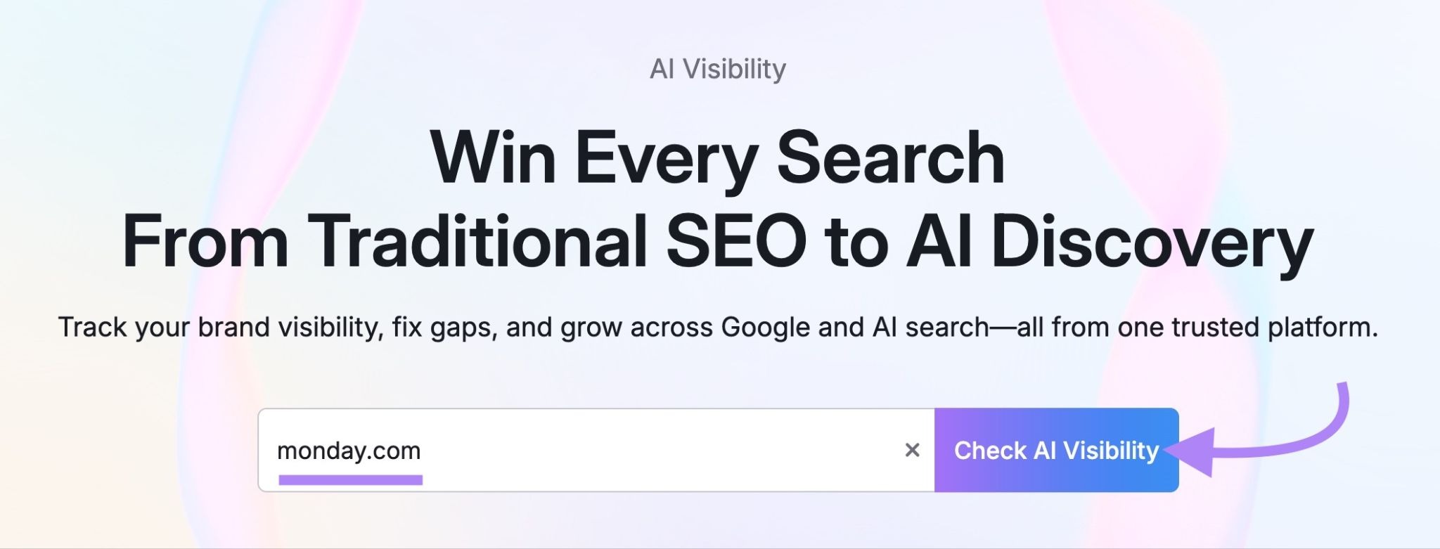 AI Visibility tool start with "monday.com" entered as the domain and "Check AI Visibility" entered.