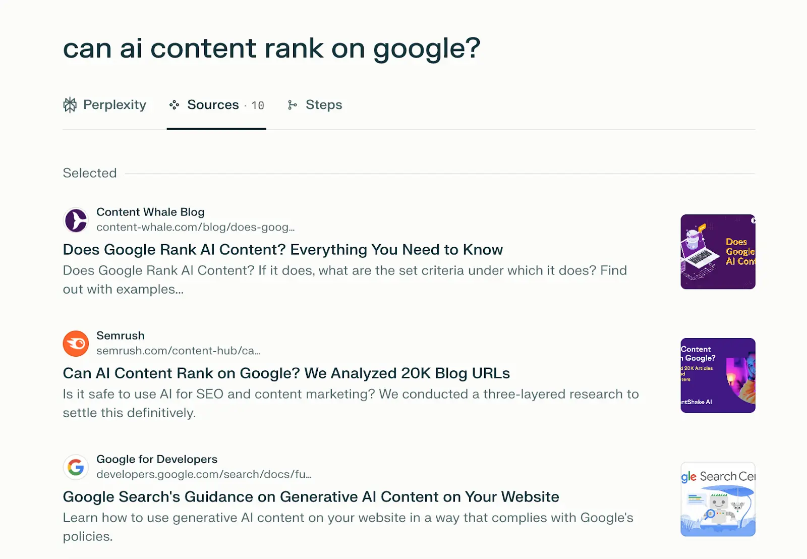 Sources tab of Perplexity search query showing Semrush study citation.