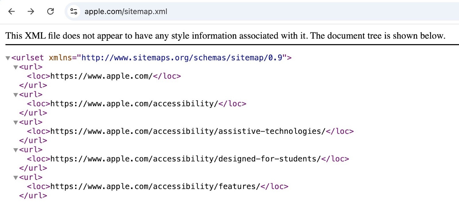 Sitemap Index of "apple.com" listing multiple sitemap files.