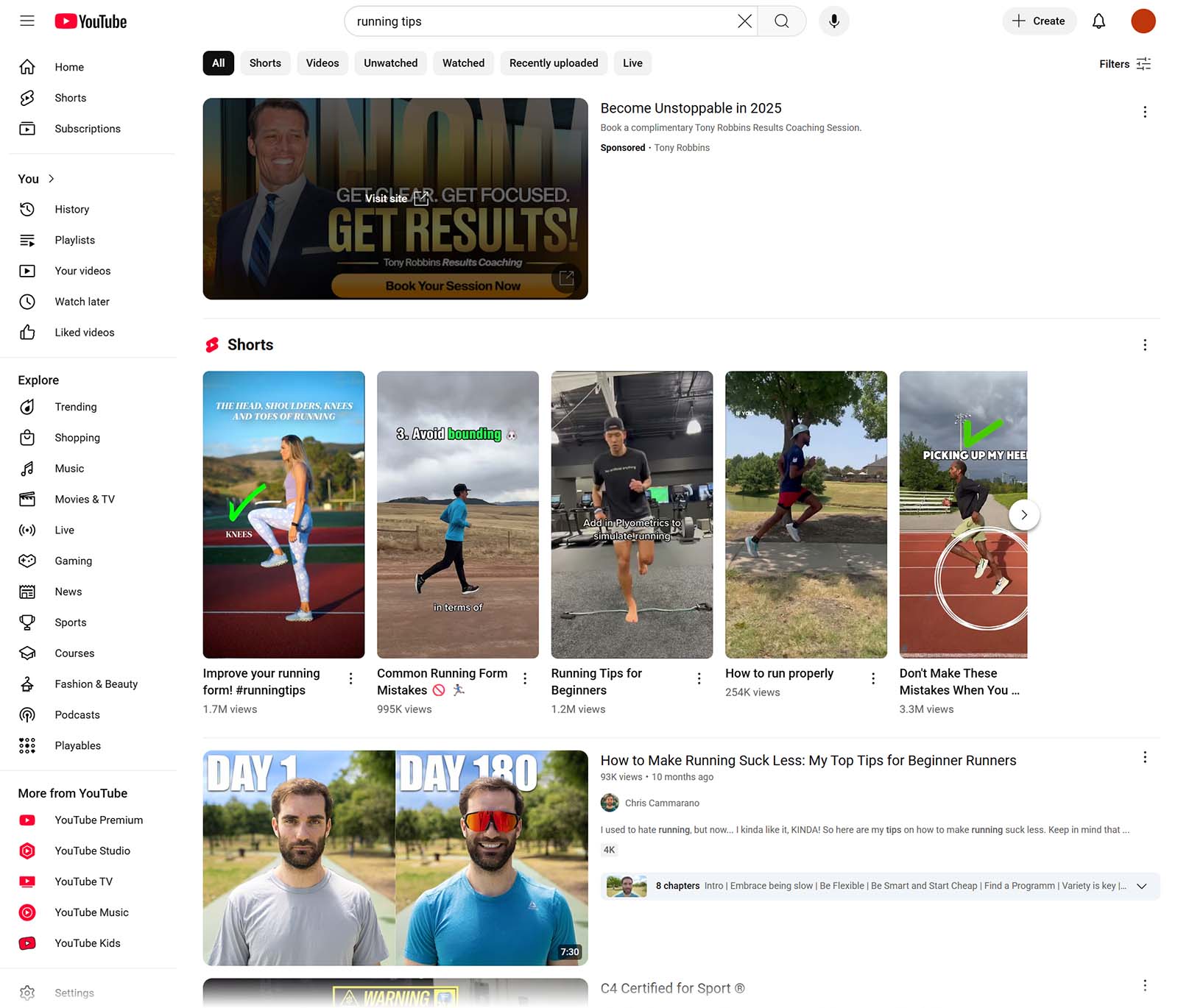 YouTube shows running tips videos including shorts on form, mistakes, and beginner advice with visible video stats.