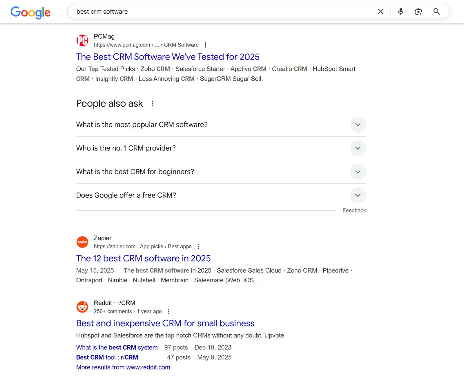 Google search results for “best CRM software” showing featured articles, People also ask box, and ranked listings.