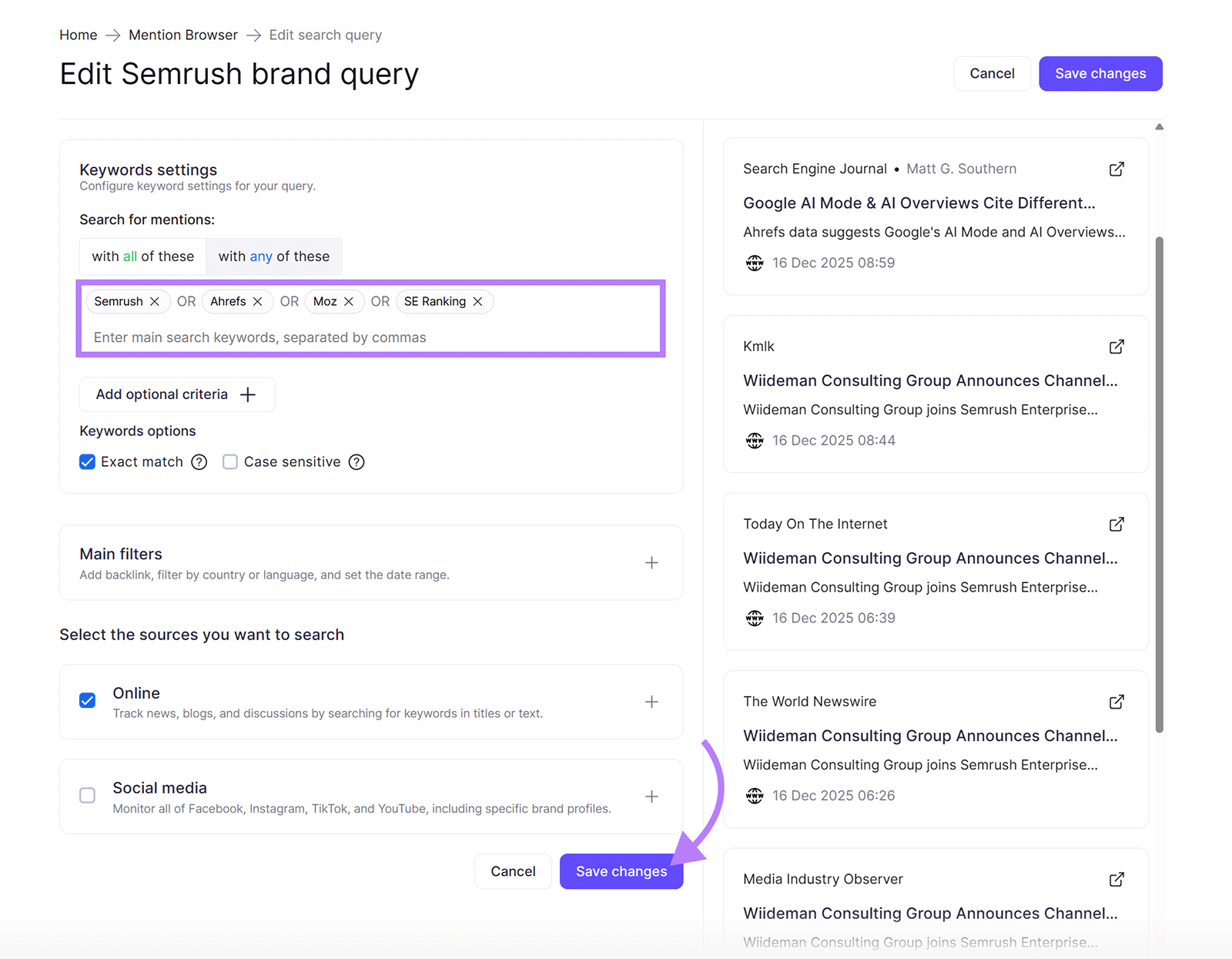 Brand query settings showing multiple brand name variations used to track mentions and save changes.