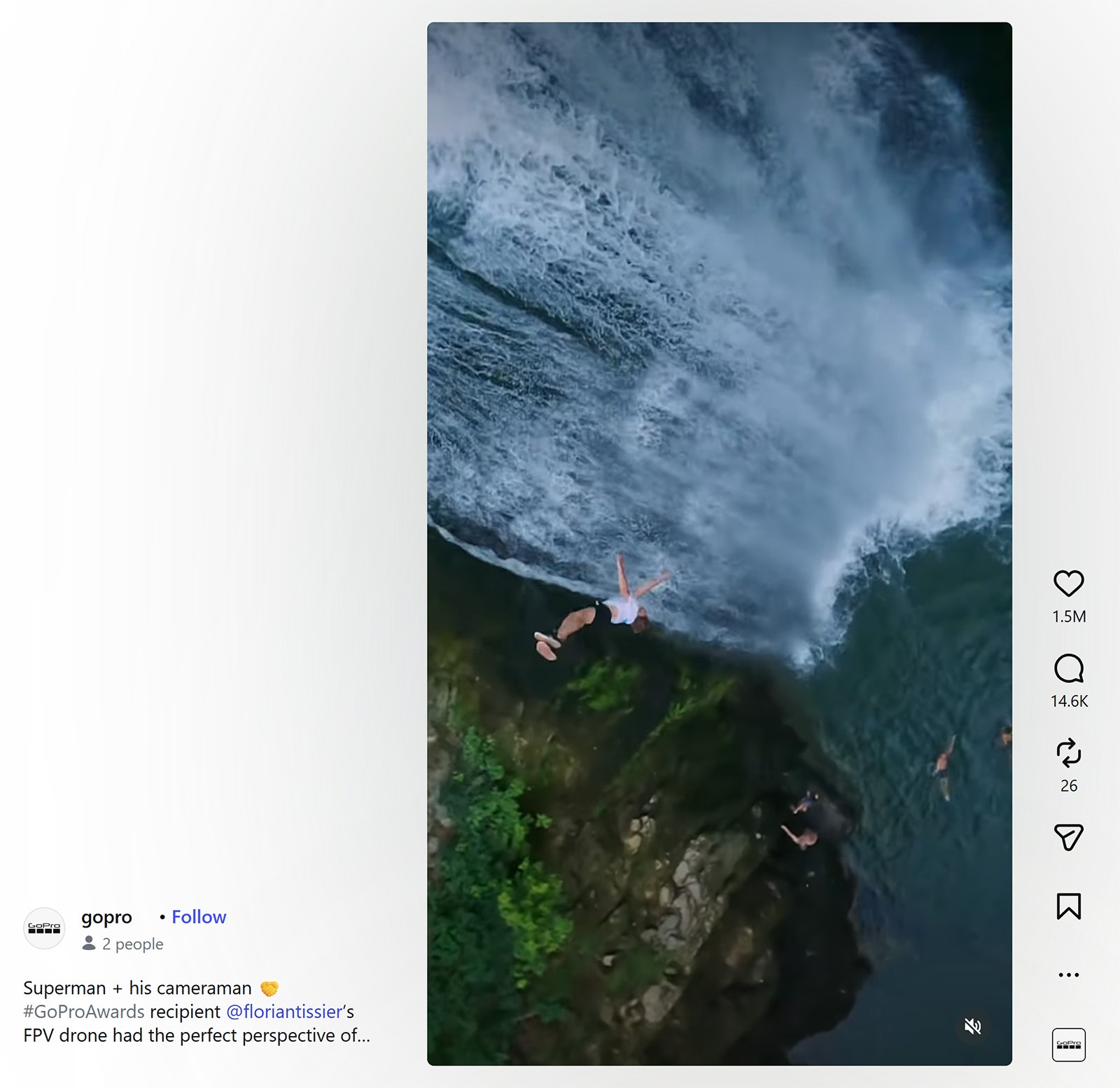 GoPro Instagram Reel showing a person jumping near a waterfall captured with aerial footage