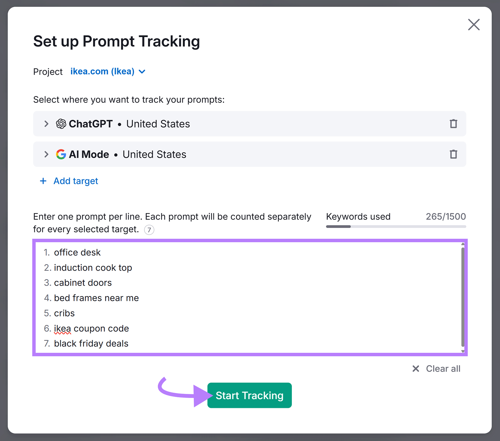 Set up Prompt Tracking popup with keywords entered and arrow to Start Tracking button.