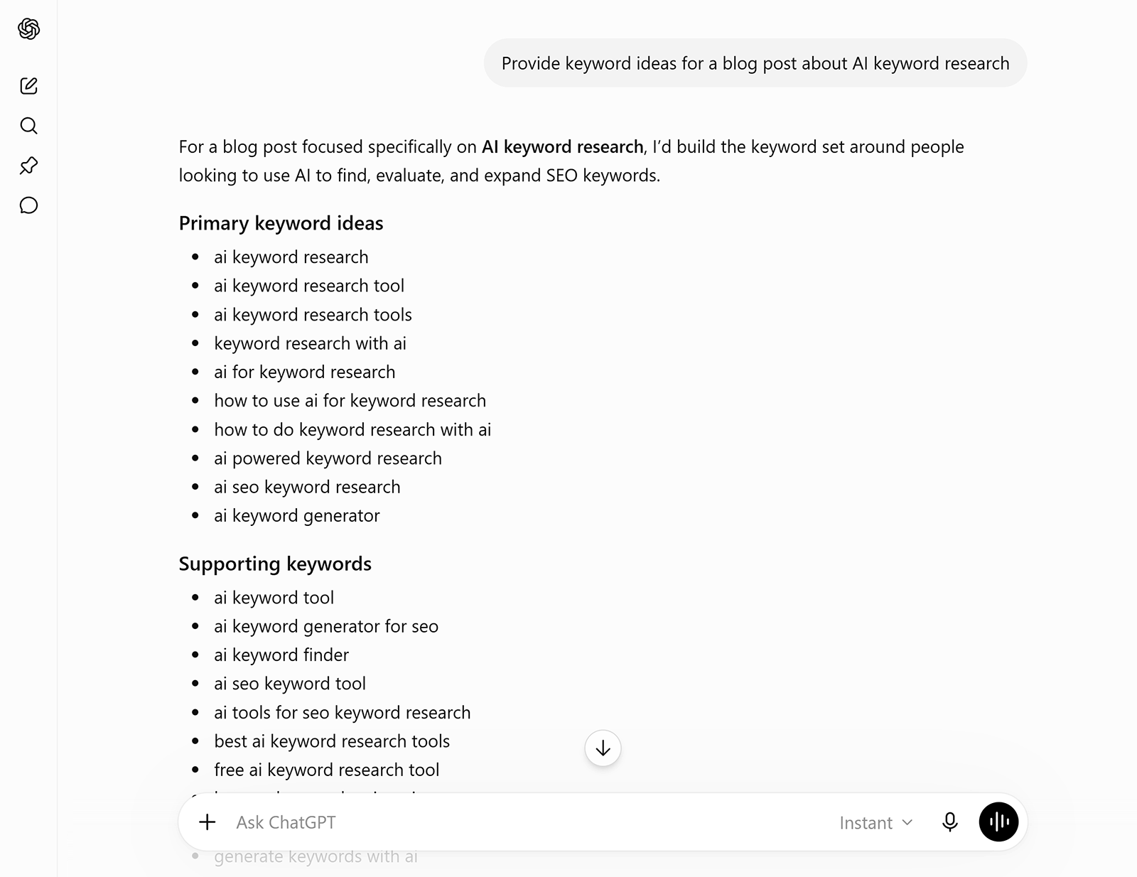 ChatGPT suggesting primary and supporting keyword ideas for an AI keyword research blog post