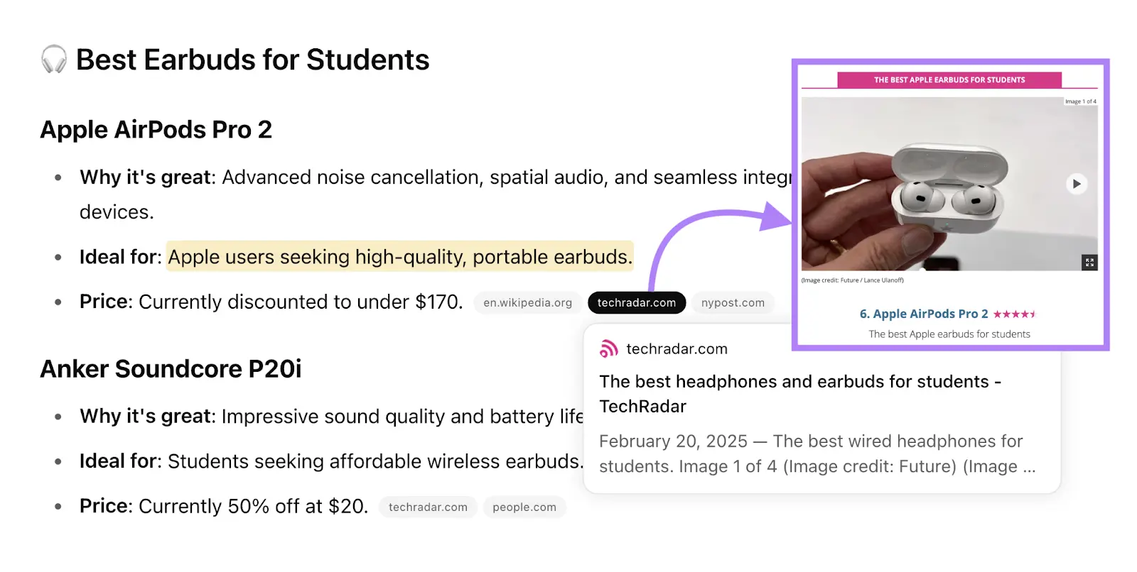 ChatGPT response includes a citation to a listicle that supports the brand mention.