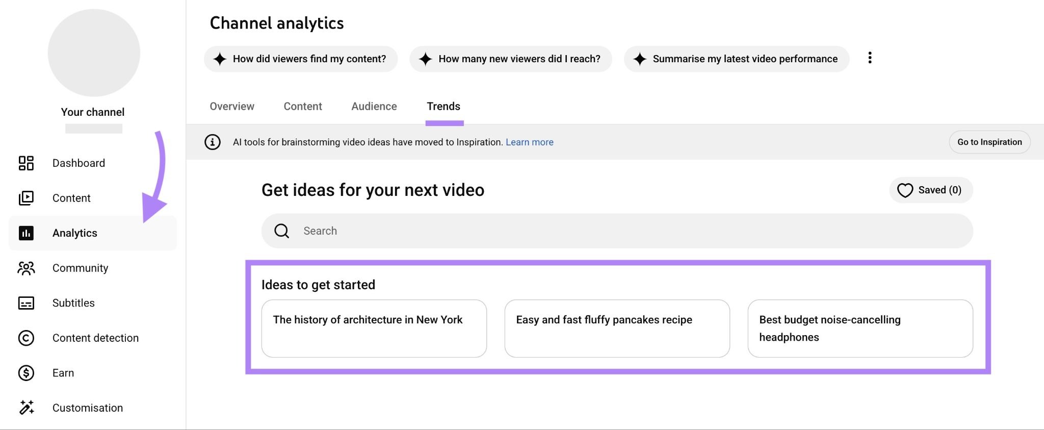 The "Trends" tab on Channel Analytics in YouTube Studio showing a list of trending video ideas to target.
