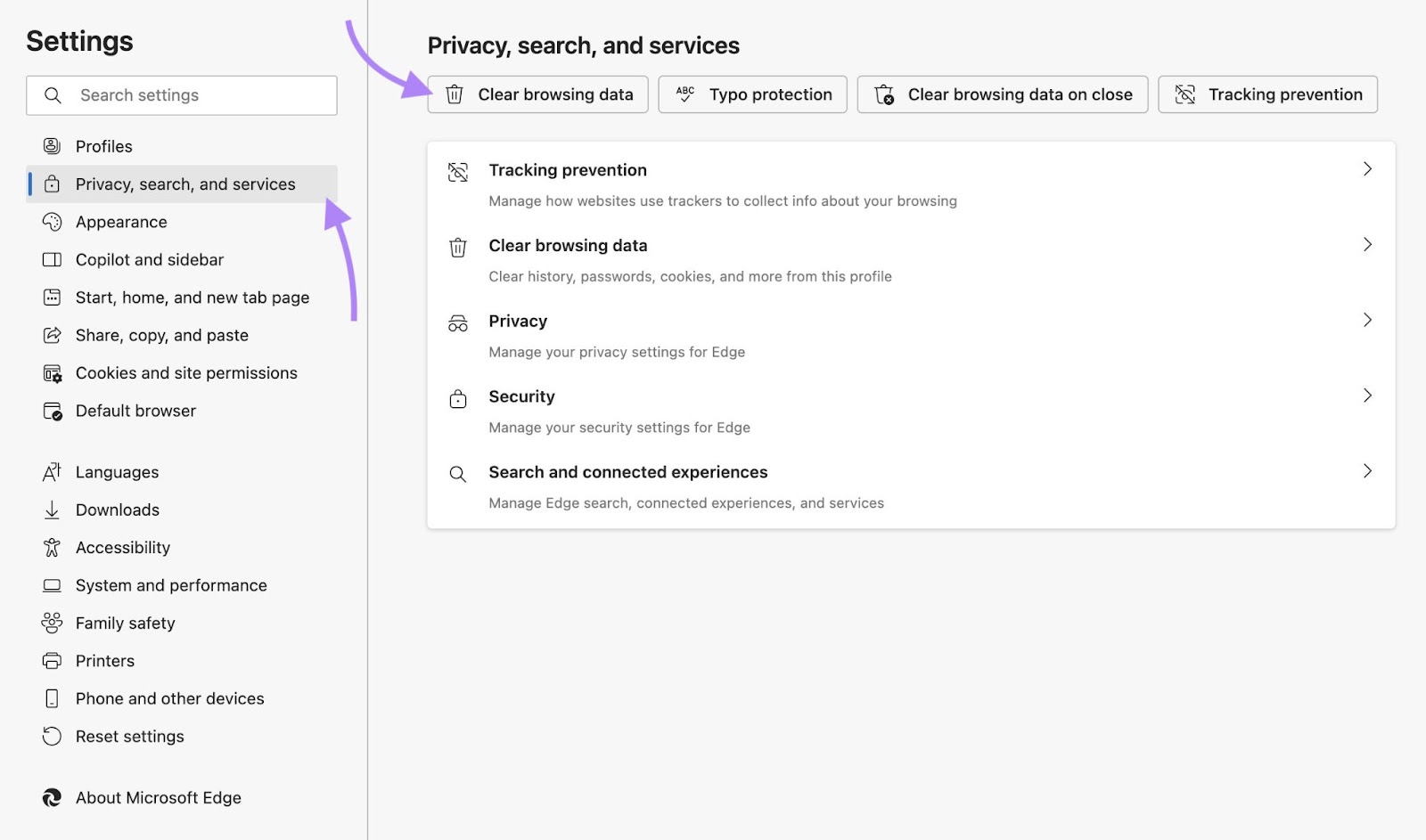 "Privacy, search, and services" window on Edge with "Clear browsing data" clicked.