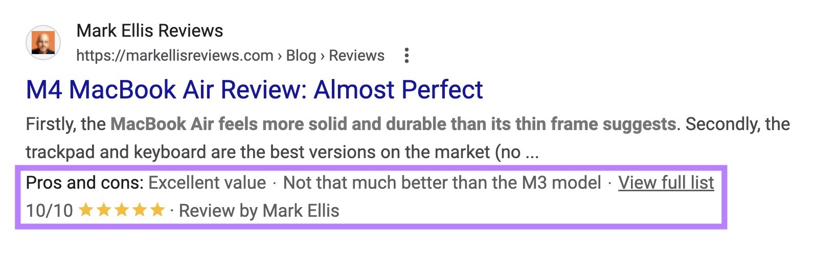 A rich result listing on the SERP which shows additional information like pros and cons, a rating, and the name of the reviewer.