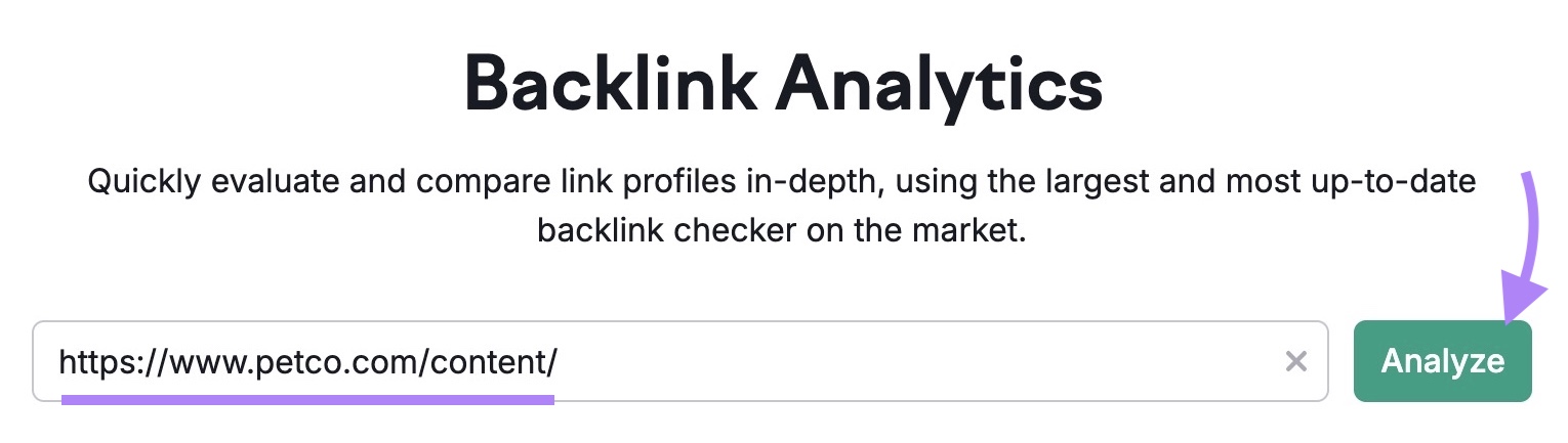 Backlink Analytics tool start with a competitor's blog subfolder entered and the "Analyze" button clicked.