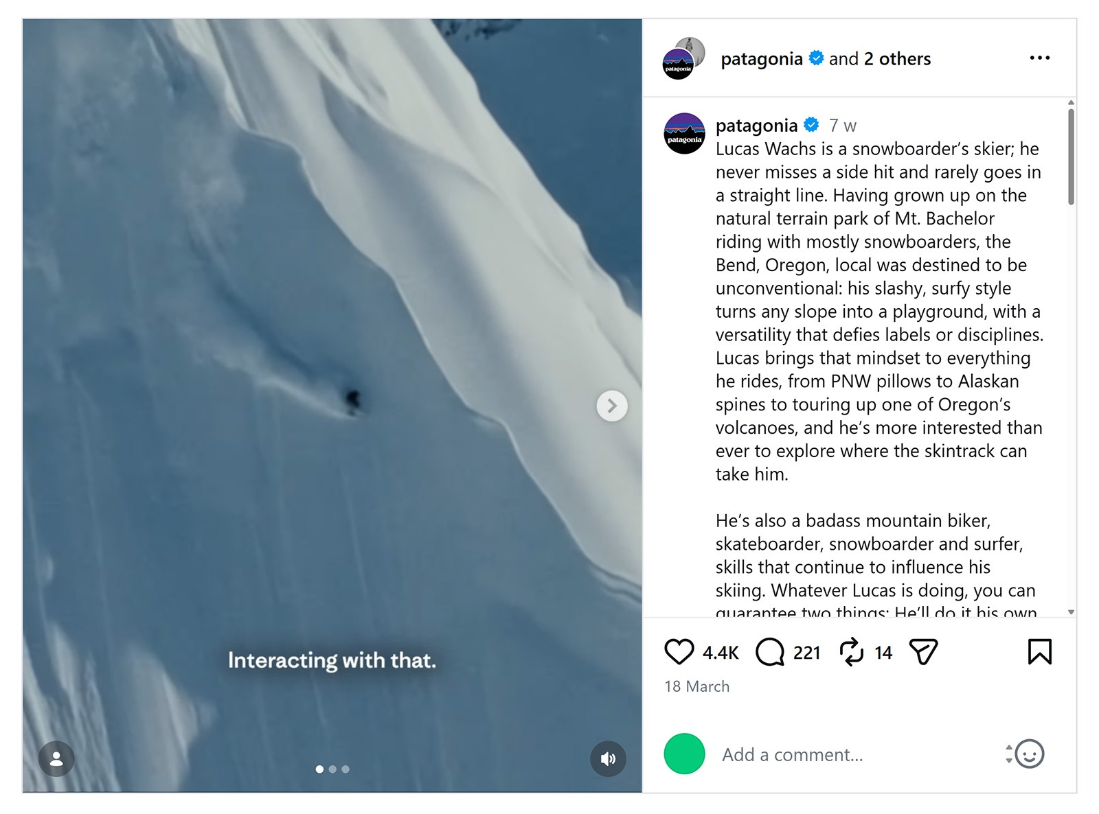 Patagonia Instagram post featuring long-form storytelling alongside outdoor adventure footage