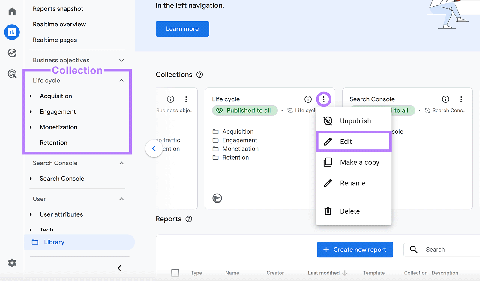 Collection annotated in Analytics dashboard menu, three dots icon clicked for a collection, and Edit option in popup options highlighted