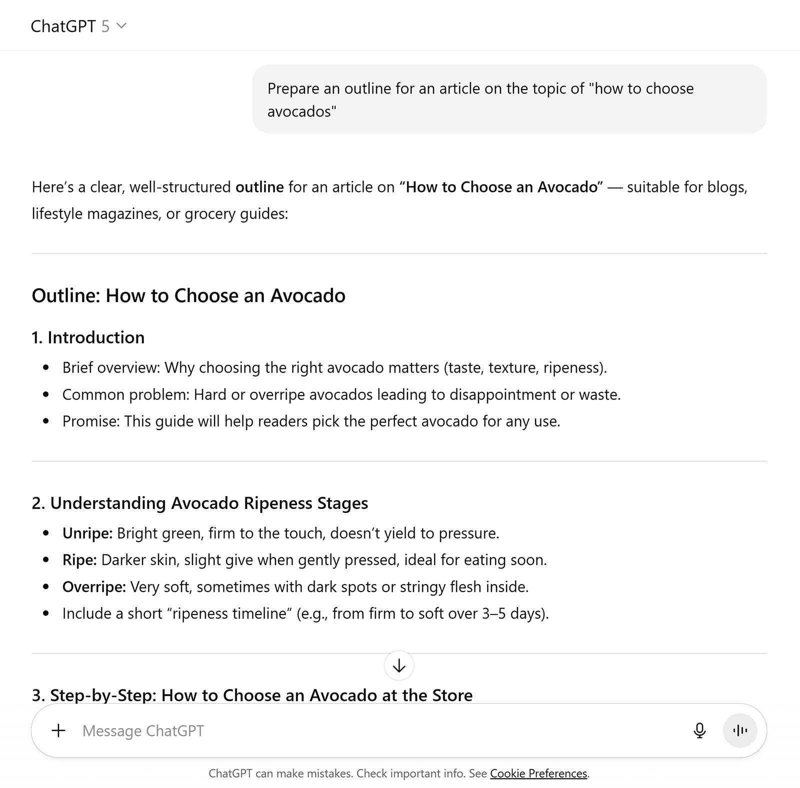 ChatGPT window displaying an outline for an article on how to choose avocados with bullet points for each section.