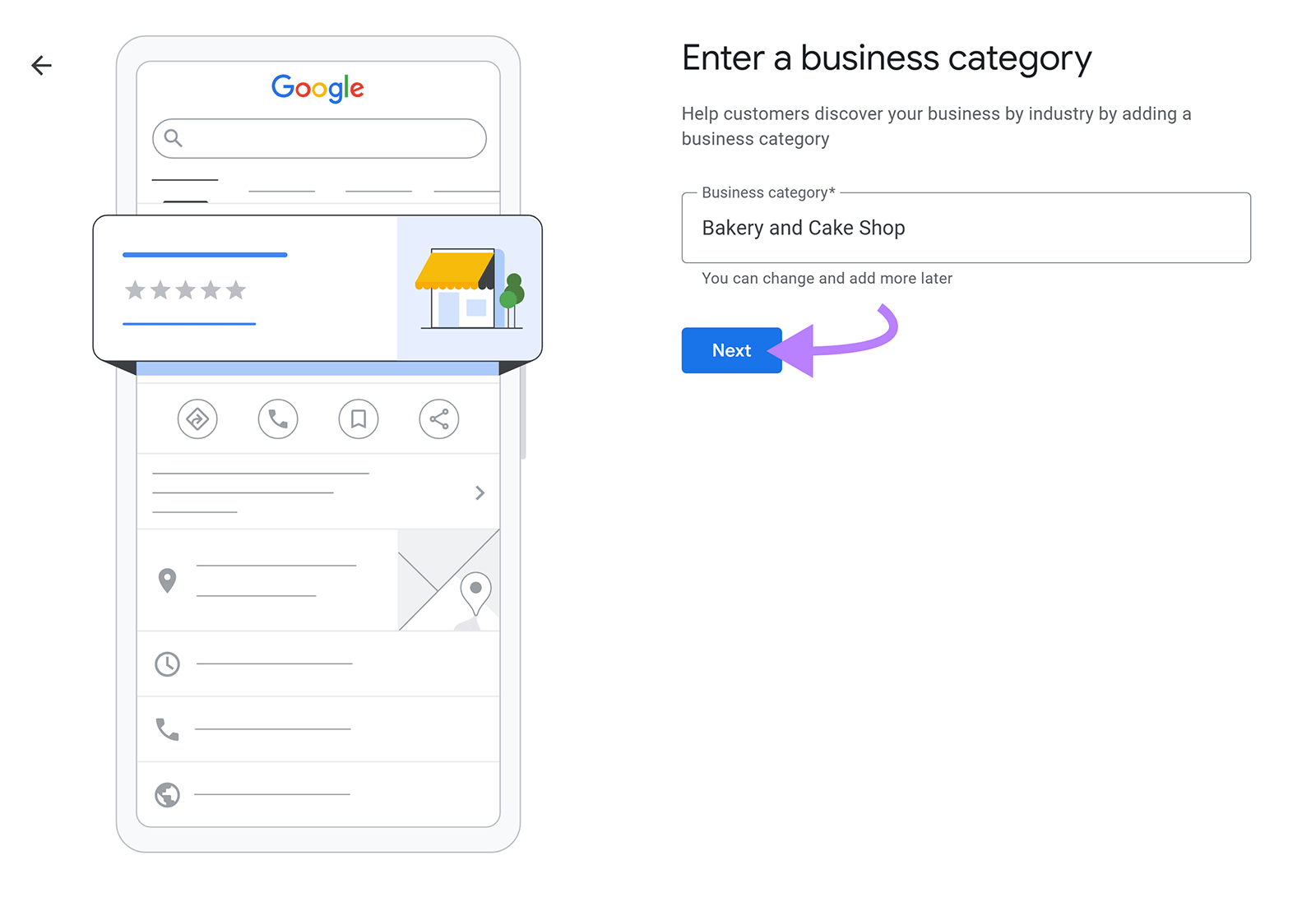 Business setup screen with bakery category entered and arrow to “Next” button.