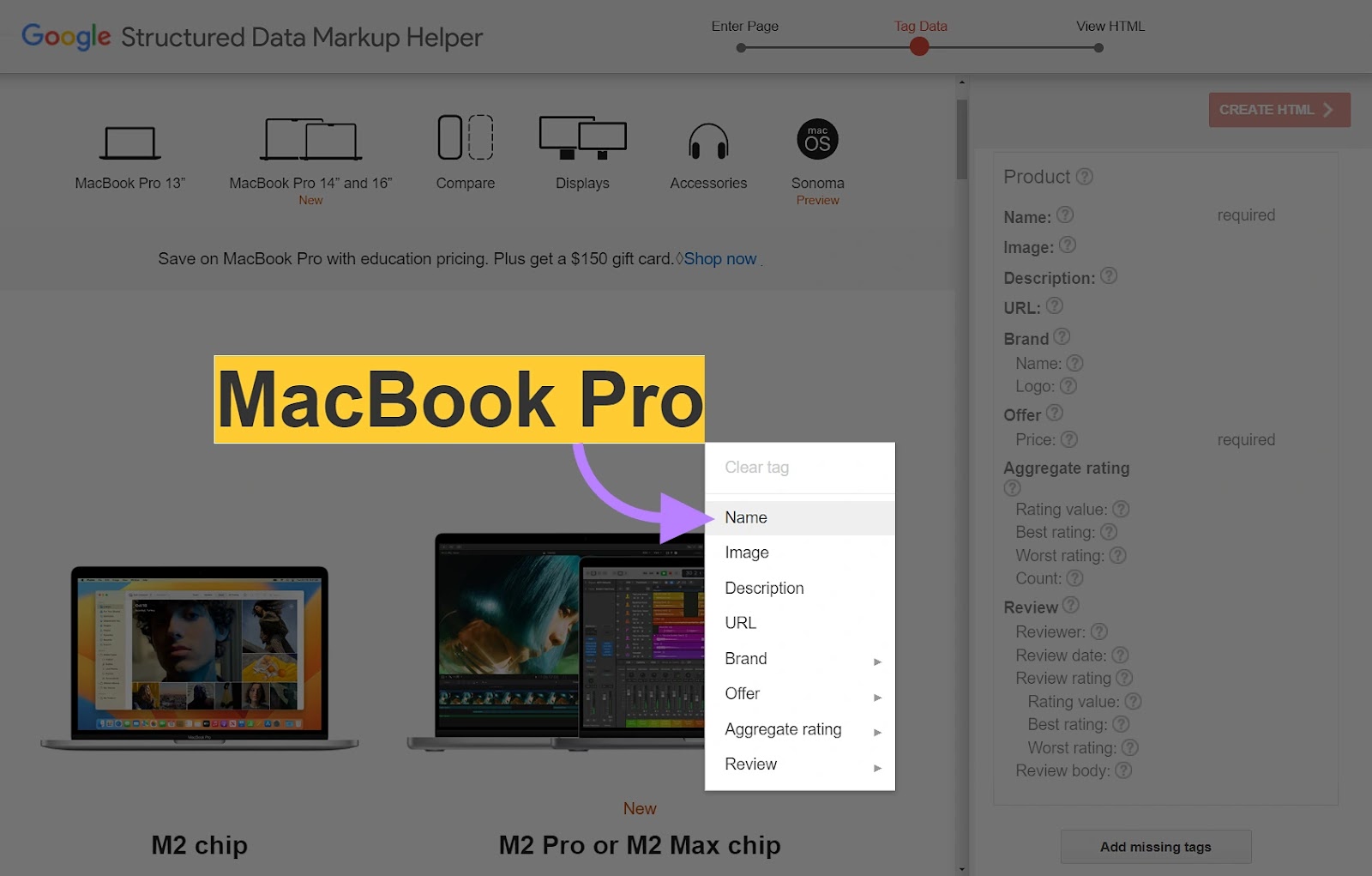 Google Structured Data Markup Helper tool with the “Name” option selected in the drop-down menu.
